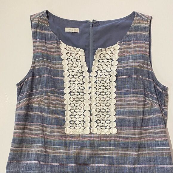 Talbots Striped Cotton Crochet Split Neck Embroidered Shift Dress With Pockets - Picture 4 of 16